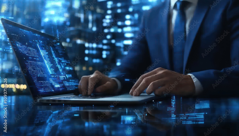 Poster a businessperson typing code on a laptop with a futuristic cityscape background