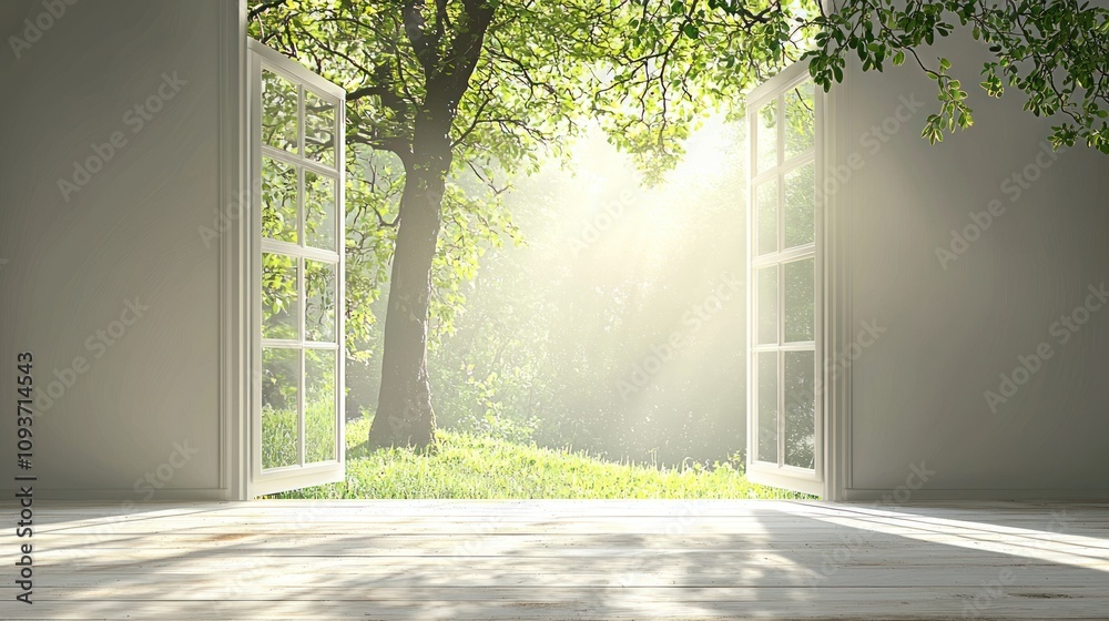 Poster open window with sunlight streaming through green trees