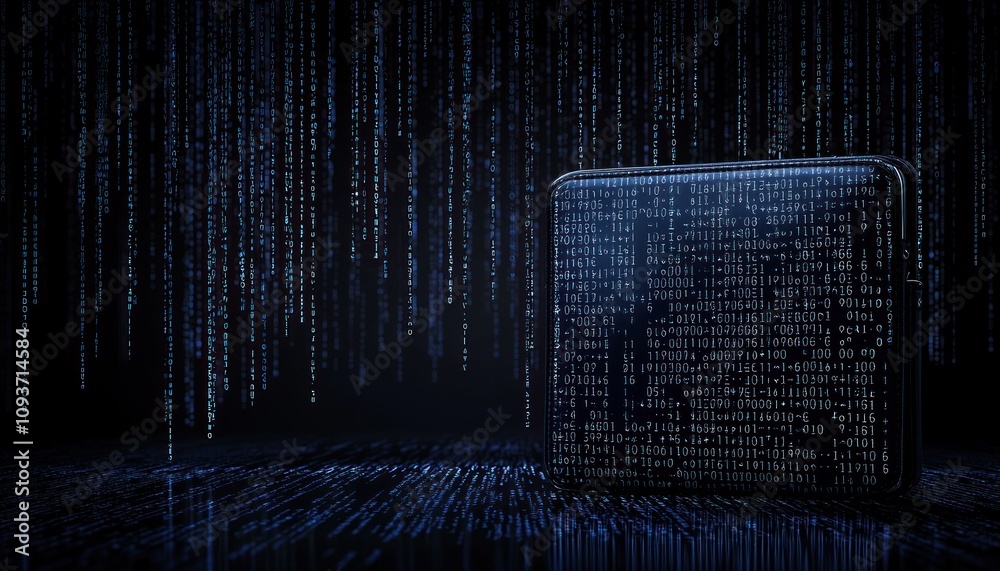 Poster A Single Smartphone Screen Displaying a Matrix of Binary Code with Reflections of the Code on a Dark Surface