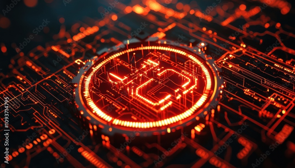 Poster Illuminated Circuit Board with a Glowing Circular Element