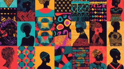 An artistic collage featuring vibrant illustrations of women?s silhouettes, showcasing diverse hairstyles and cultural motifs in a dynamic color palette.