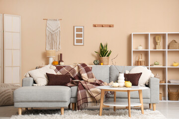 Comfortable sofa, coffee table with pumpkins and vase in autumn interior of living room
