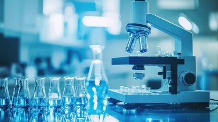 A Microscope and Test Tubes in a Blue Lit Laboratory