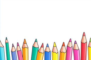 Colorful pencils arranged in a row, white background