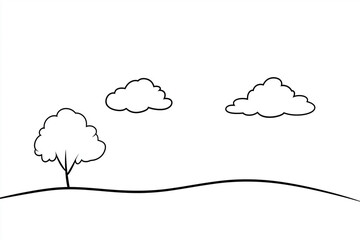 Line art illustration of a single tree and two fluffy clouds on a rolling hill