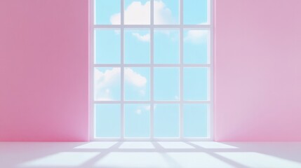 Fototapeta premium Surreal 3D pastel fantasy space with a full-wall English window sill featuring white glass windows opened to a blue sky, frontal view, minimalist design