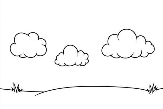 Three fluffy clouds in the sky above rolling grassy hills with sparse patches of grass, outlined in bold black lines on a clean white background, line art
