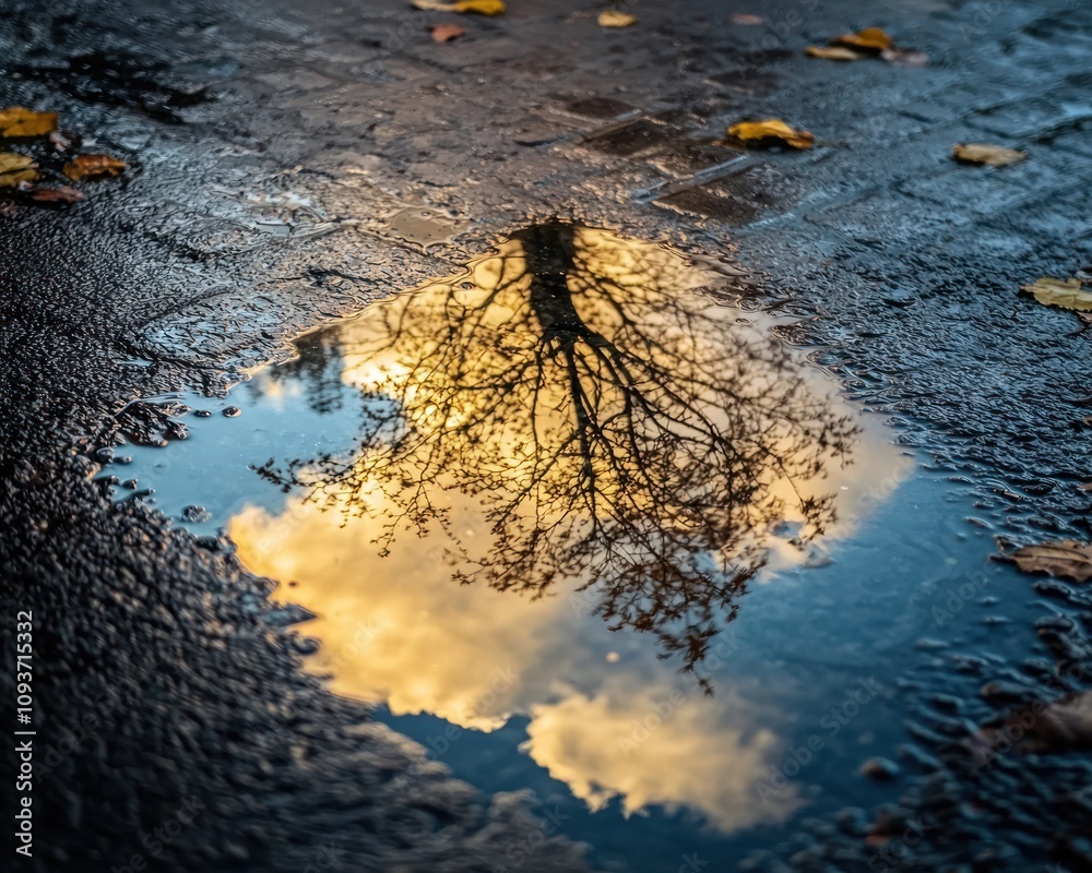 Poster Reflection of a Tree Branch in a Puddle on a Rainy Day