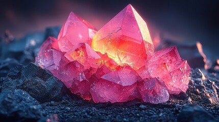 Fototapeta premium Vibrant pink crystals with glowing core on dark rocky surface