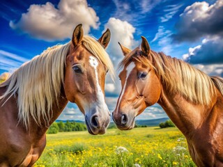 Obraz premium Two Horses Grooming Each Other in a Serene Pasture, Highlighting Their Bond and Natural Beauty with Lush Green Grass and a Clear Blue Sky in the Background