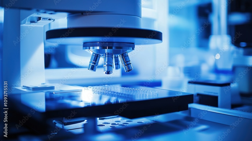 Poster close-up of a microscope lens and stage in a blue-toned laboratory setting