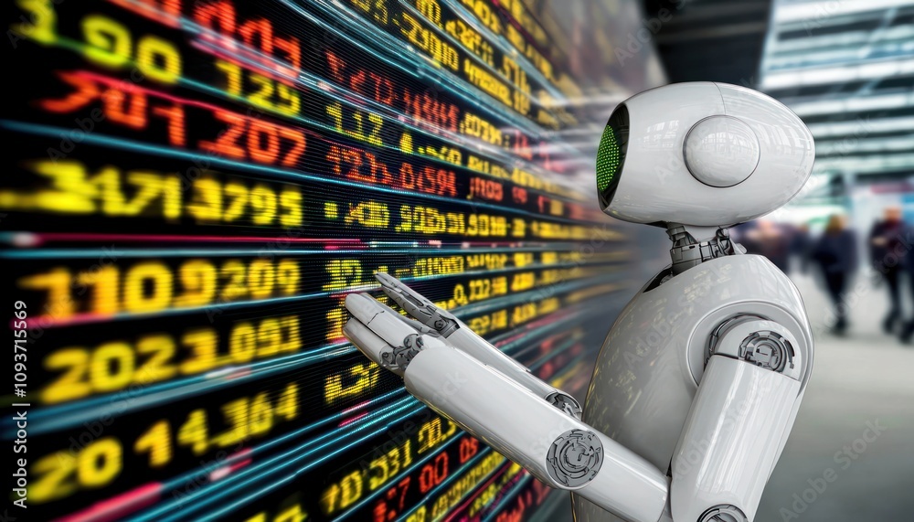 Poster A humanoid robot with a digital display of scrolling numbers in the background