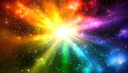 Fototapeta premium A bright, colorful explosion of light radiating outwards in a dark space with scattered stars.