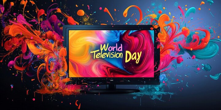 Flat Screen with Vibrant Color Burst and 'World Television Day' in Swirling, Playful Lettering