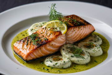 a Grilled Salmon with Lemon-Dill Sauce. Serve the salmon warm, topped with the chilled lemon-dill sauce