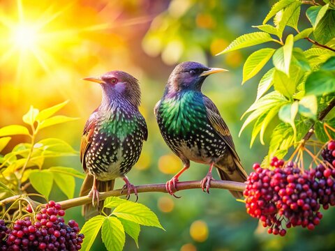 Two Starlings Perched on a Elderberry Tree Bathed in Sunlight Showcasing Nature's Beauty and Wildlife Interaction in a Serene Outdoor Setting