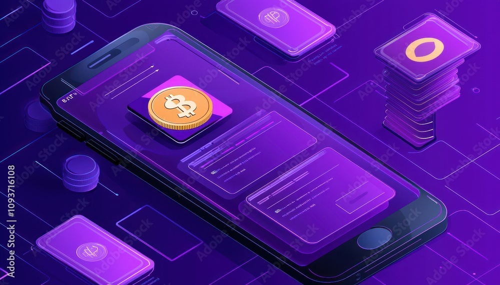 Poster smartphone with bitcoin cryptocurrency symbol and a stack of coins