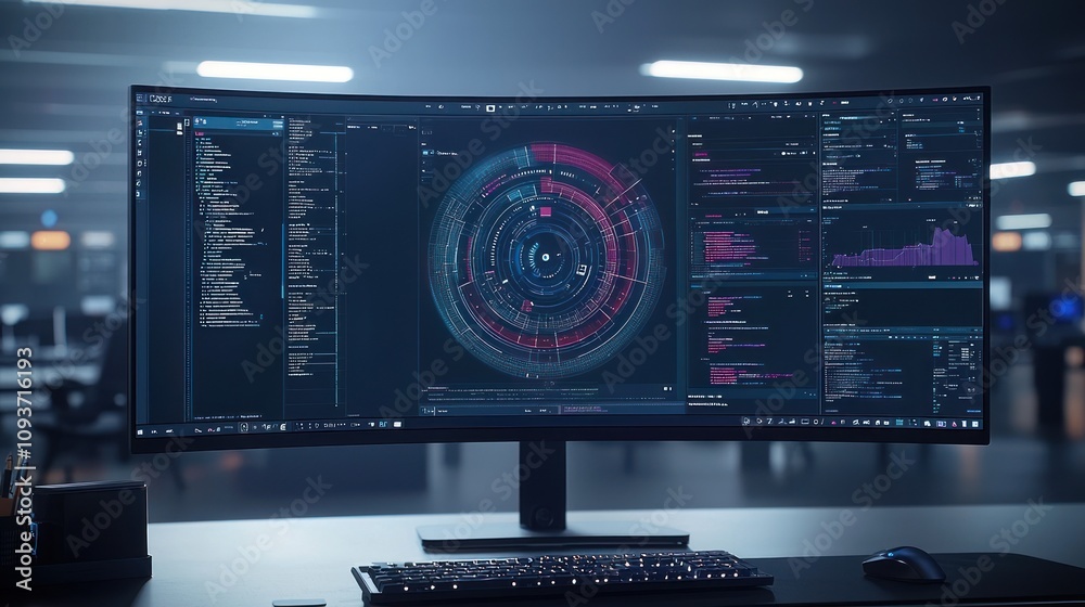 Poster A Modern Workstation with a Computer Screen Displaying Code, a Circular Graphic, and Data Visualizations