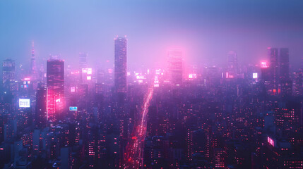 Fototapeta premium Urban Nightscape in Neon Hues with Vibrant City Lights and Skyscrapers Illuminated Against a Misty Twilight Sky, Capturing the Essence of Modern Metropolis