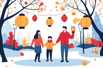 A joyful family enjoys a vibrant autumn day in the park, holding lanterns amidst colorful leaves