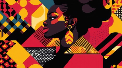This vibrant illustration showcases the profile of an african woman adorned with beautiful earrings, set against a lively geometric background.