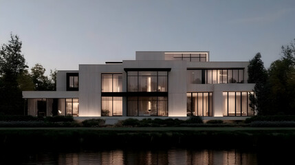 Fototapeta premium Modern luxury residence illuminated at dusk with sleek architecture and expansive windows reflecting serene surroundings near water, showcasing innovative design and elegance.