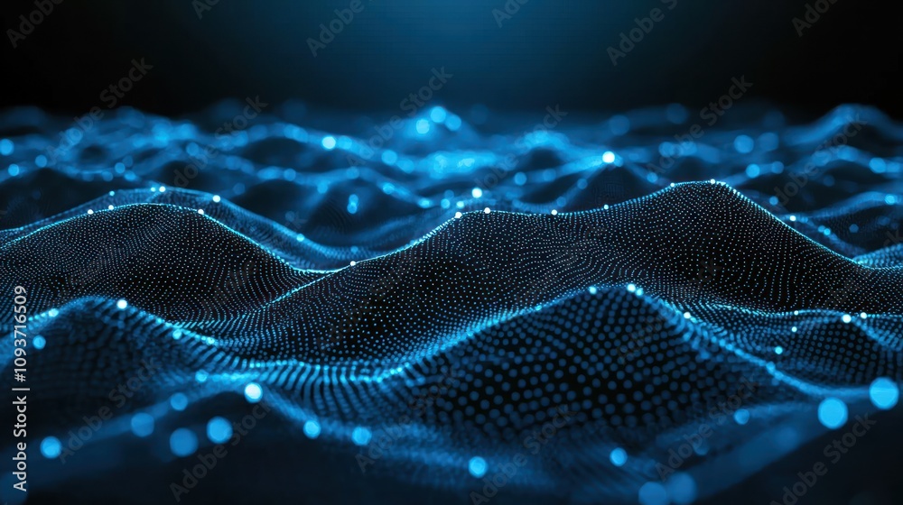 Poster abstract blue digital waveform with glowing dots