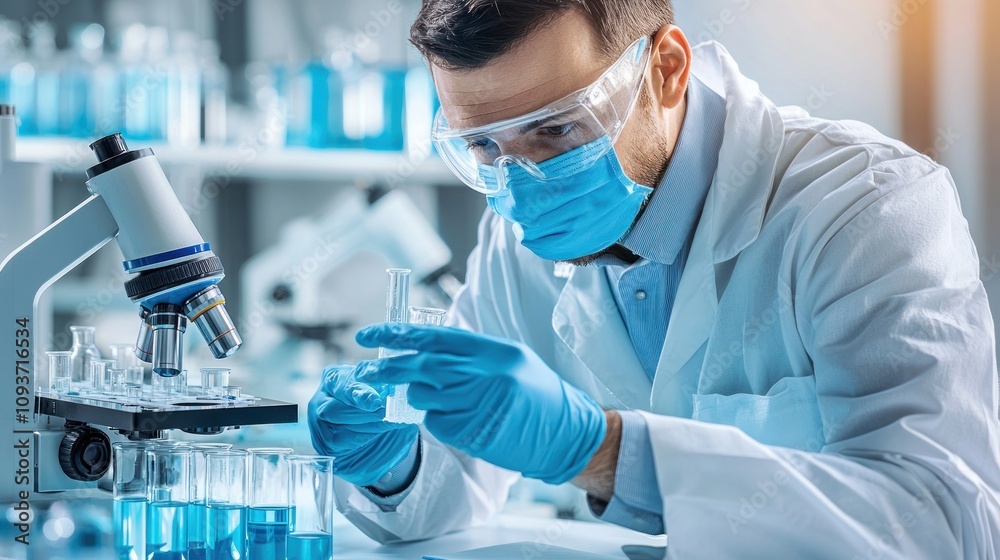 Poster scientist in a lab coat examining a test tube