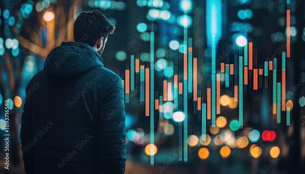 Poster A Man Stands Facing a Blurred Cityscape with Bokeh Lights and Data Lines