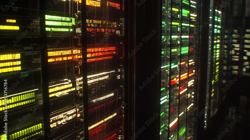 Poster A close-up view of glowing lights on data server racks in a server room.