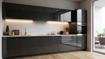Fototapeta premium A modern kitchen with dark gray kitchen cabinets, chrome handles, and natural wood flooring to complete the contemporary design.