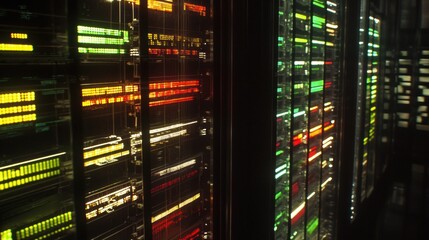 Naklejka premium A close-up view of glowing lights on data server racks in a server room.