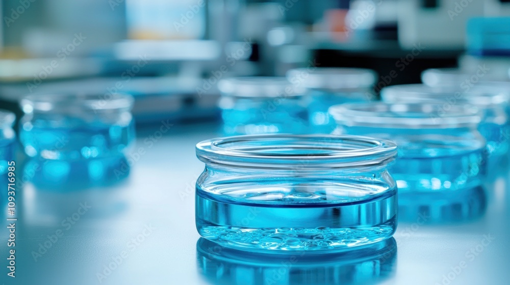Poster glass jars filled with blue liquid on a table in a lab