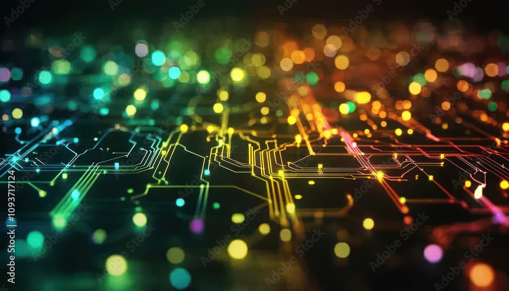 Poster Abstract Circuit Board with Glowing Lines and Bokeh Lights