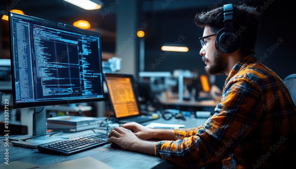 Poster Bearded Programmer Working on Code at Night