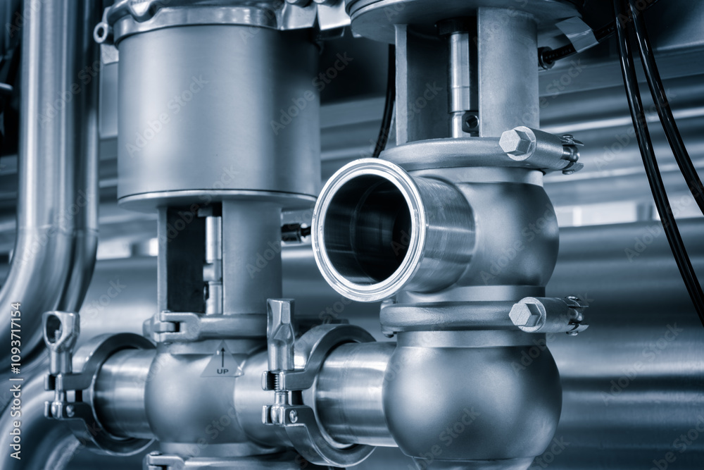Poster a silver pipe with a silver valve on it. the valve is open. the pipe is connected to a larger pipe
