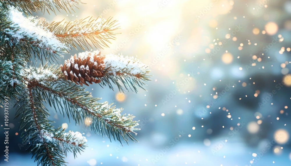 Poster close-up of a pine branch with a cone covered in snow and a blurry background