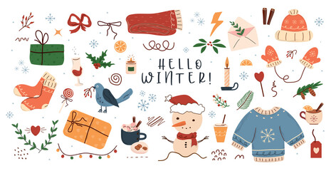 concept winter, pattern, Fir tree, stars, dots, snow,  line drawing. Holiday design elements are isolated on white background. Simple  conceptfor winter season card, for  party poster, banner, png