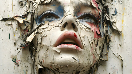 Intricate Artistry of a Broken Mannequin with Chipped Flesh and Vibrant Colors Evoking Emotion and Despair Against a Textured Background
