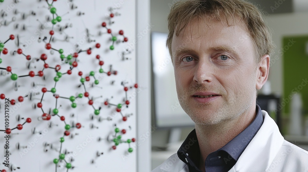 Aufkleber a male scientist stands in front of a molecular model