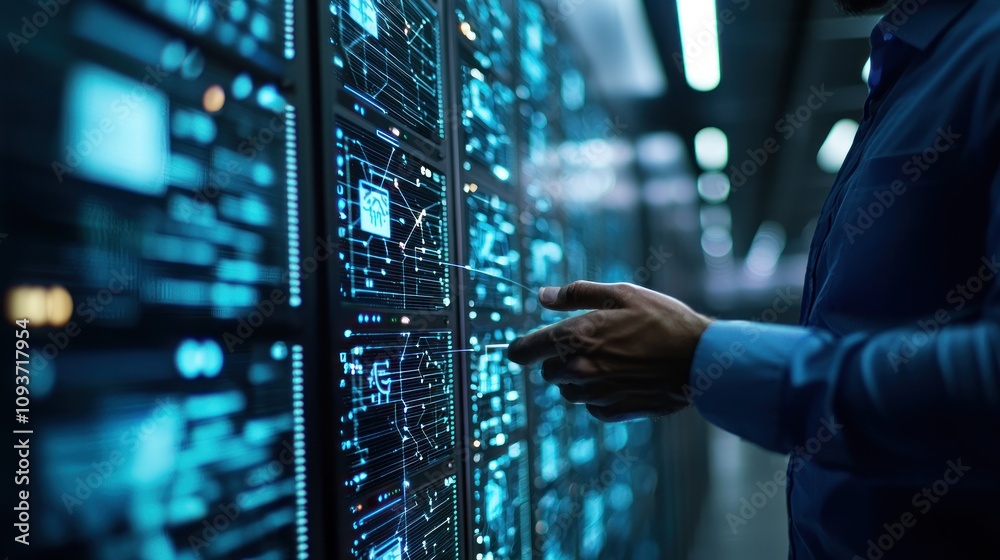 Poster a man's hand interacting with a server rack filled with data and blue lights
