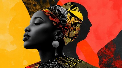 This image features an elegant African woman in profile, adorned with a vibrant headwrap, set against a colorful abstract background.