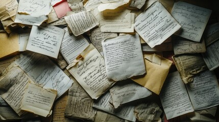 Obraz premium Scattered documents with handwritten notes and signatures.