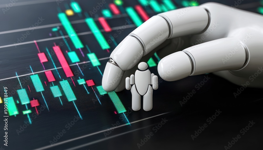 Poster robotic hand interacting with human figure on financial data screen