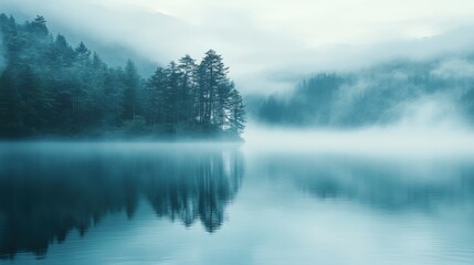 Fototapeta premium Serene lake surrounded by dense fog, creating a tranquil atmosphere with soft water reflections.