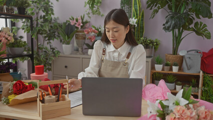 A young asian woman using a laptop in a vibrant flower shop filled with various plants and floral arrangements.