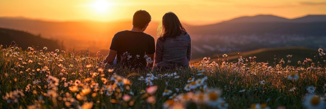 Couple silhouetted against sunset, sitting in a field of flowers. Romantic, peaceful, and serene.