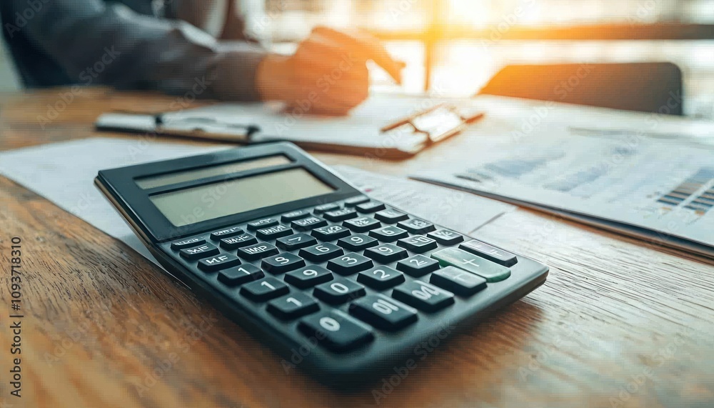 Poster a black calculator on a wooden desk with papers and a blurred person in the background