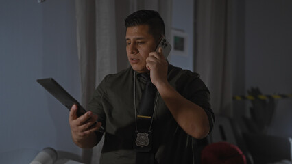 A young hispanic man, identified as a detective with a badge, holds a notepad and talks on the...