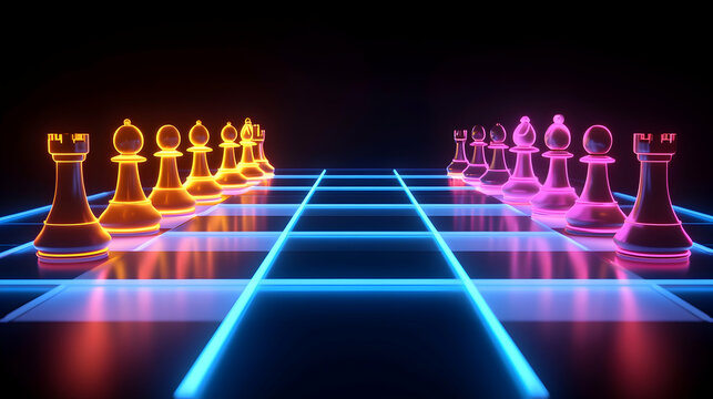 Neon Chessboard with Glowing Chess Pieces in Vibrant Orange and Pink, Set Against a Black Background for Dynamic and Futuristic Visuals